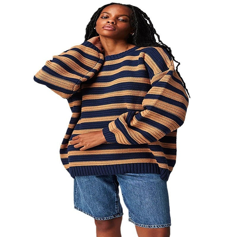 Printed Striped Long Sleeve Pullover Crew Neck Sweater