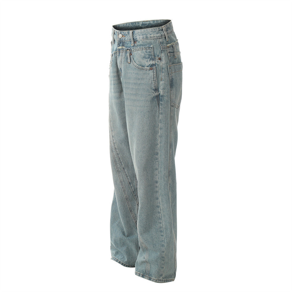 Men's Split Stitching Irregular Baggy Straight Trousers