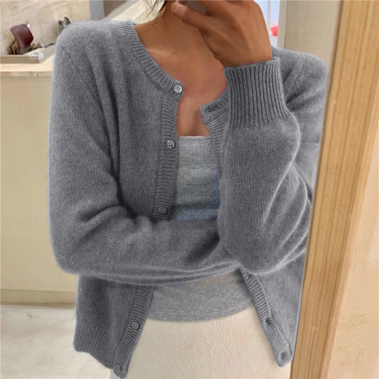 Women's Round Neck Solid Color Knitted Cardigan