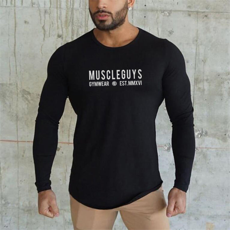 Men's Sports Cotton T-shirt Round Neck Circular Lower Hem Slim Bottoming Shirt