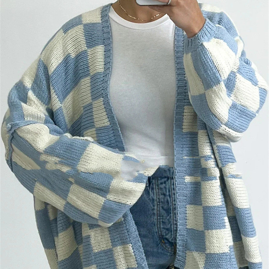 Fashion Plaid Women's Coat Sweater Stitching