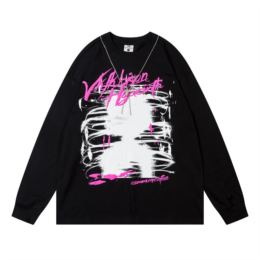 Metal Necklace Strip Long Sleeve T-shirt Men's Abstract Graffiti