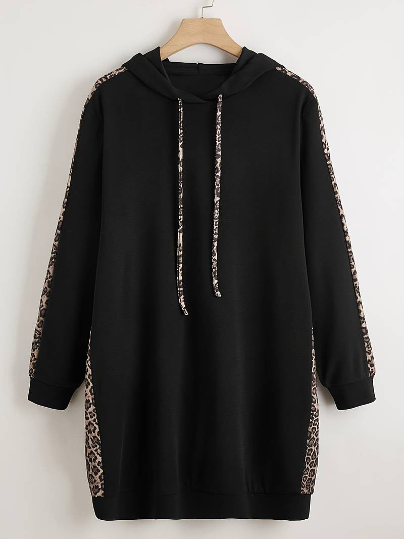 Plus Size Side Leopard Print Drawstring Hoodie