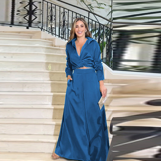 Women's Fashionable Pleated Long-sleeved Wide-leg Pants Suit