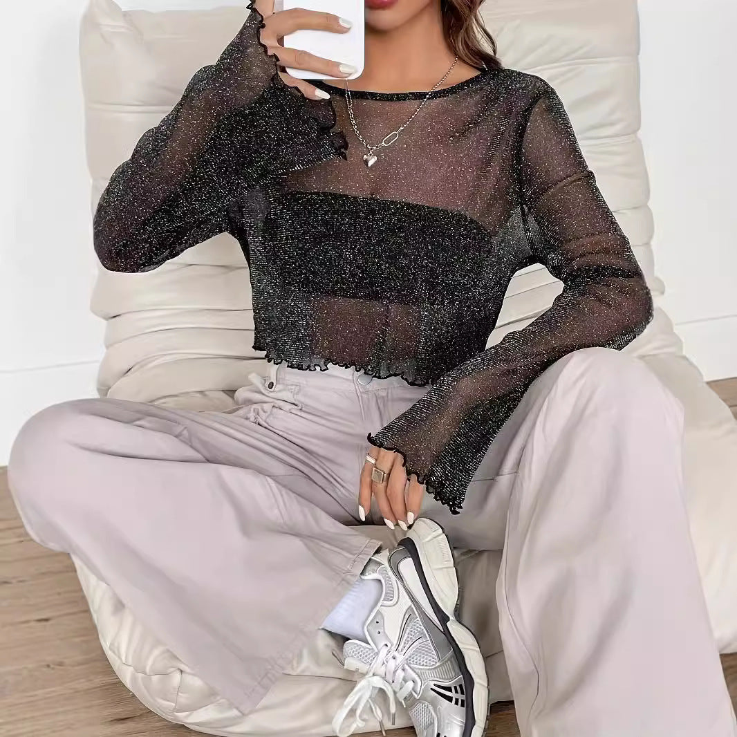 Sequin Gauze Bell Sleeve Casual Women's Clothing