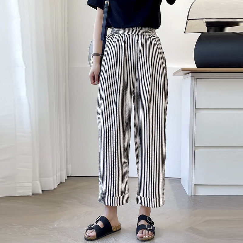 Elastic Waist Loose Vertical Stripes Casual Straight Pants