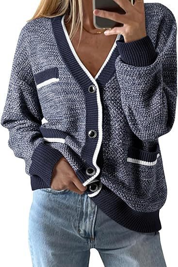Women's V-neck Pocket Long-sleeved Knitted Cardigan Color Matching