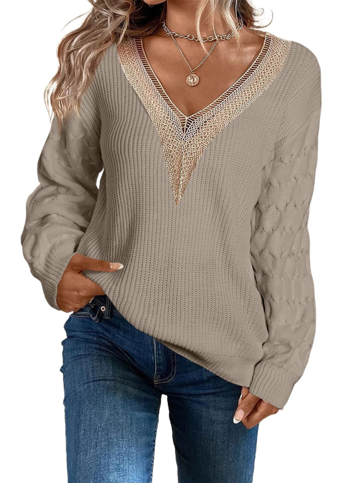 Sexy Lace V-neck Knitted Drop-shoulder Pullover Sweater Top