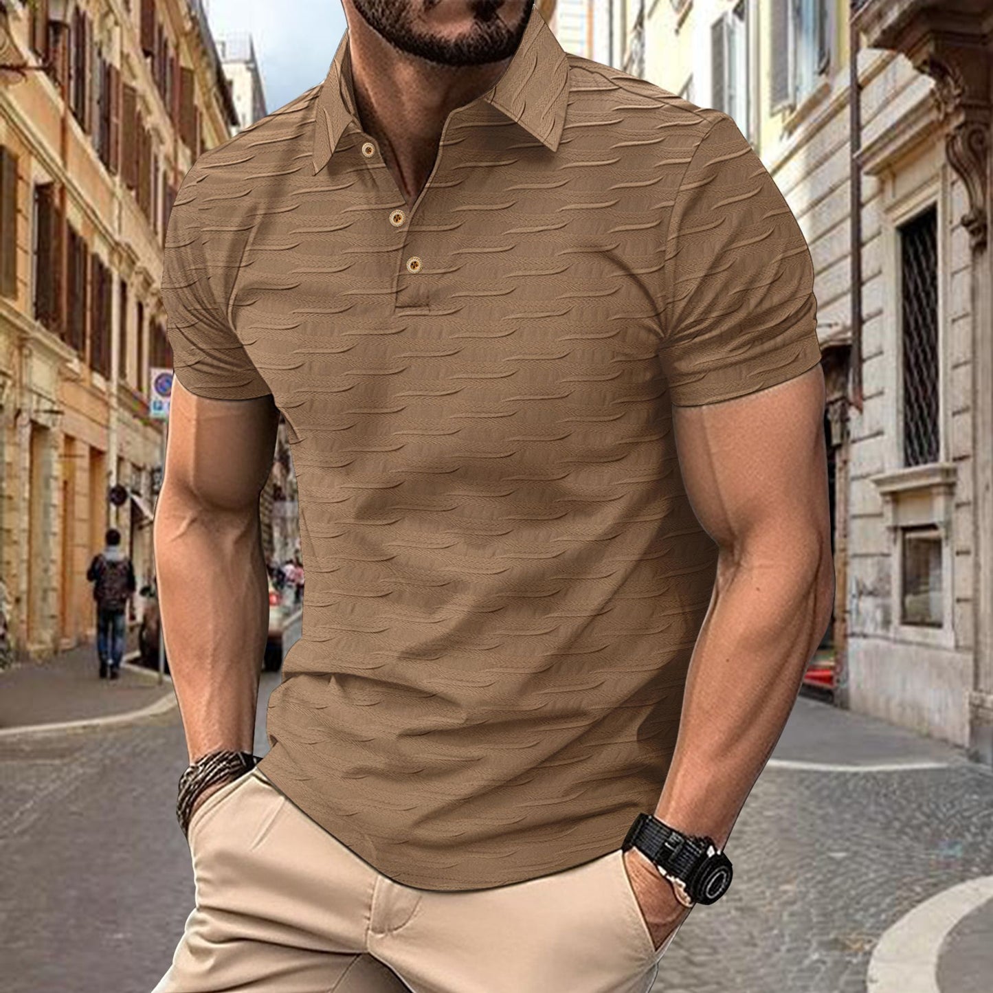 Solid Color Men's Button Jacquard Short Sleeve