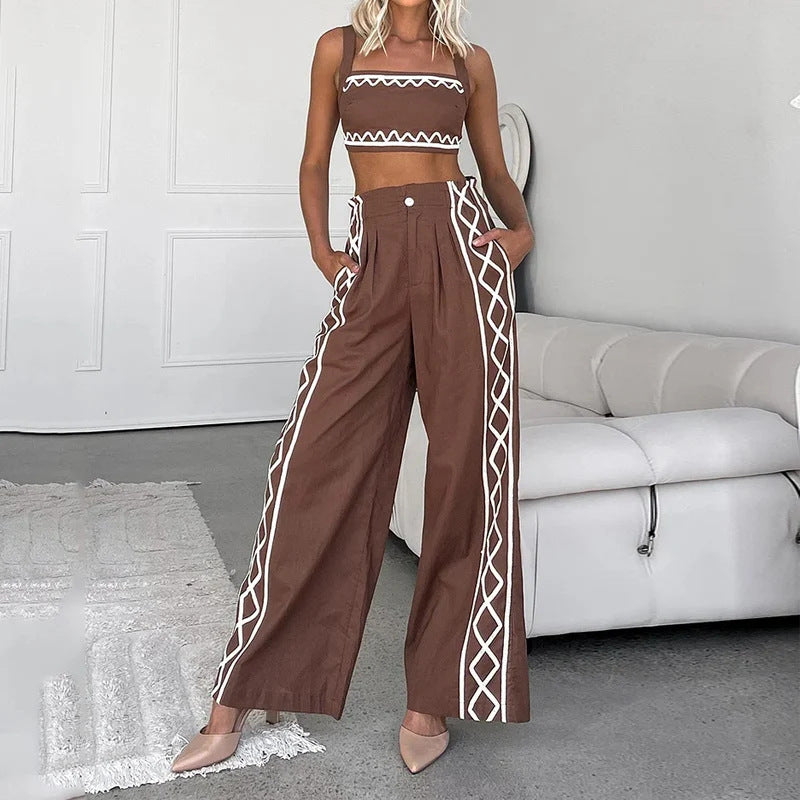 Women's Sexy Crop-top Spaghetti-strap Trousers Two-piece Suit