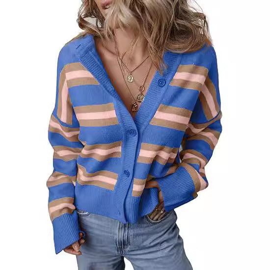 Striped Color Stitching Knitted Cardigan Women's Clothing