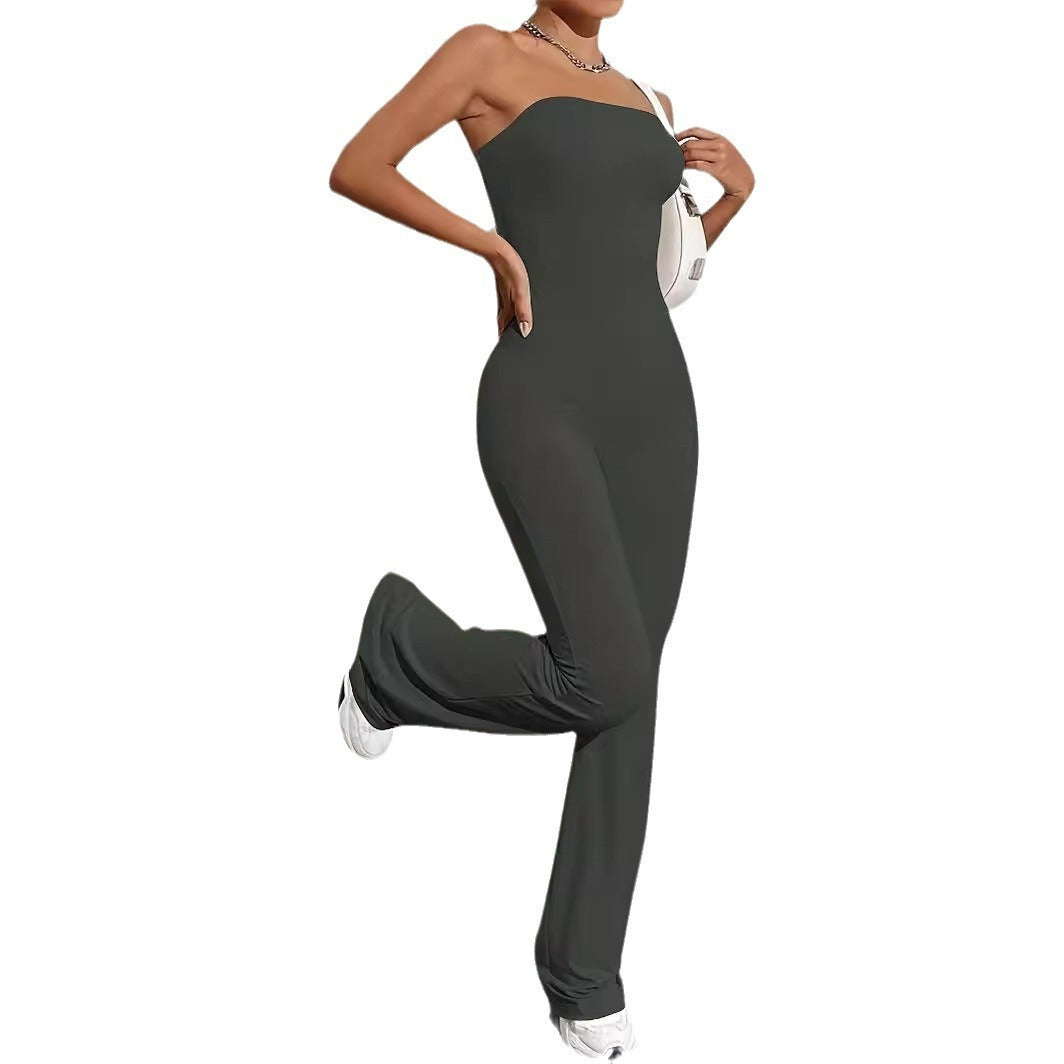Solid Color Strapless Tube Top Flared Fit One-piece Trousers