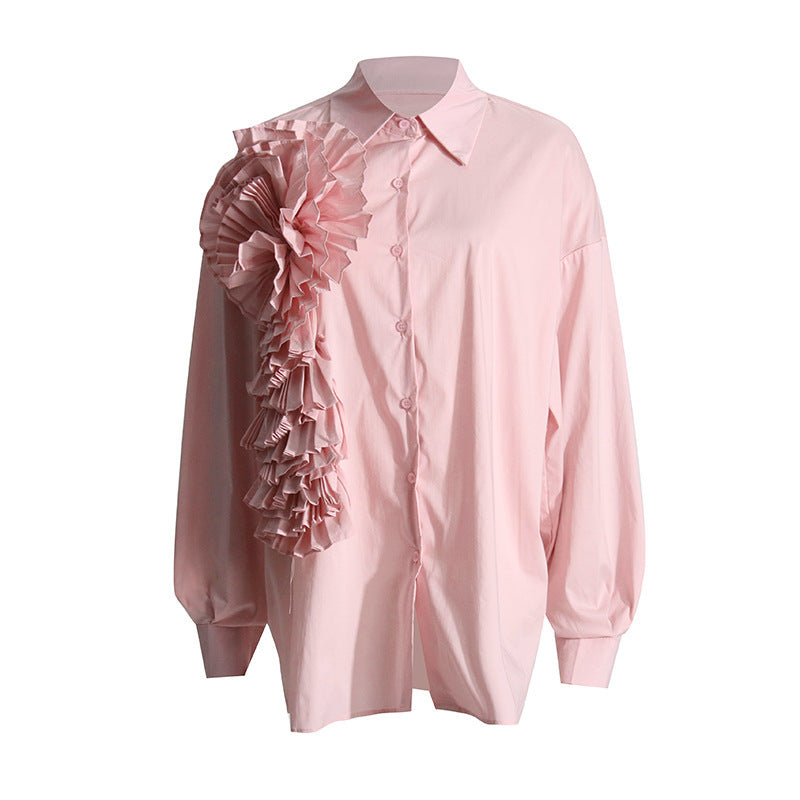 Design Sense Stitching Ruffle Three-dimensional Flower Casual Shirt