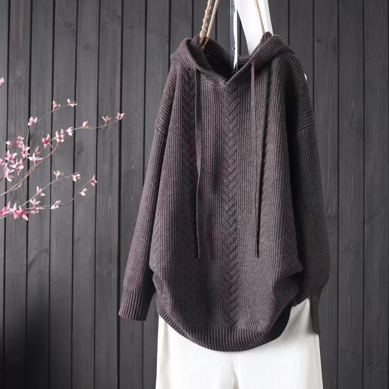 Solid Color Hooded Lacing Mid-length Knitwear Sweater
