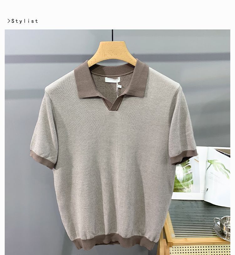 Men's Ice Silk Knitted Trendy Niche Contrast Color Lapels Short Sleeve