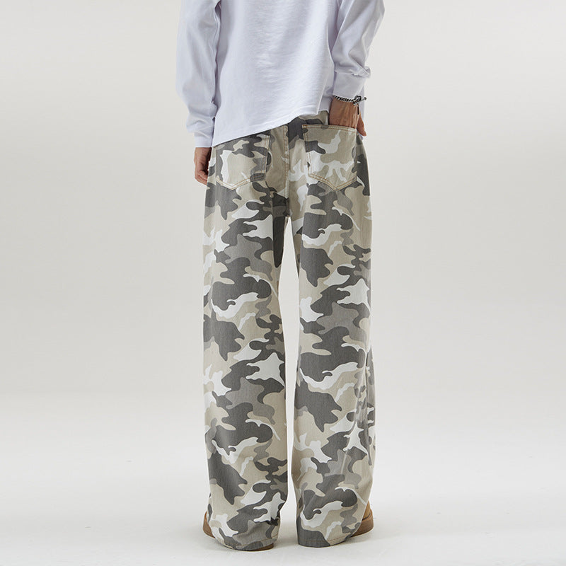 American Retro High Street Gray White Camouflage Pants