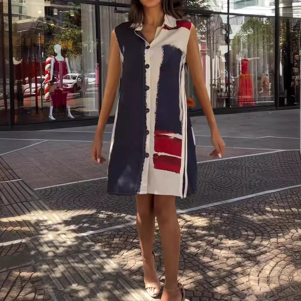 Sleeveless Printed Button Dress Women