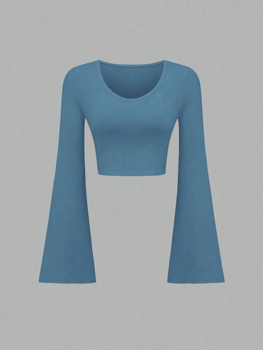 Fashion Solid Color Scoop Bell Sleeve Short Slim Fit Slimming T-shirt
