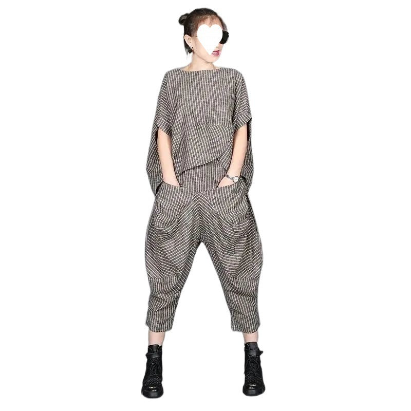 Retro Artistic Striped Casual Suit Women's Plus Size Loose Short Sleeve