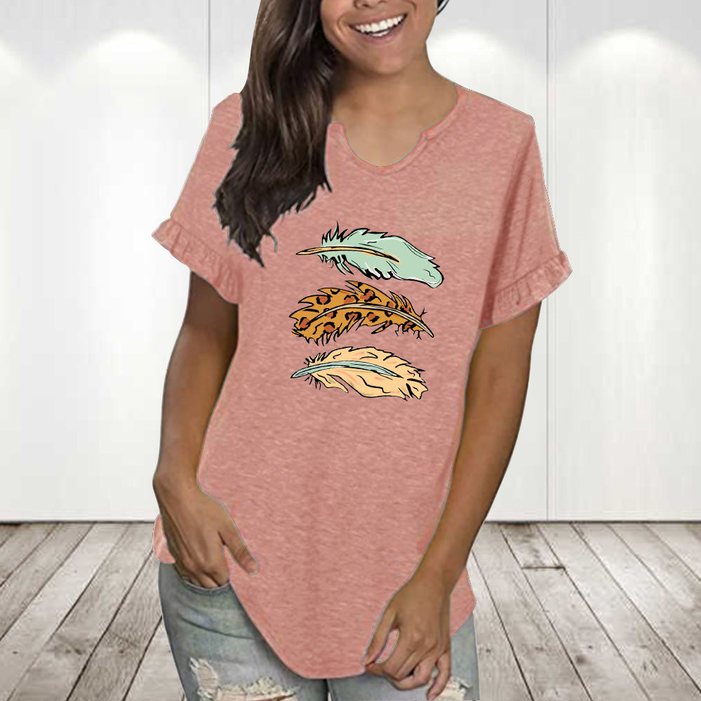 Round Neck Pleated Lace Personalized Printing Series Short Sleeve