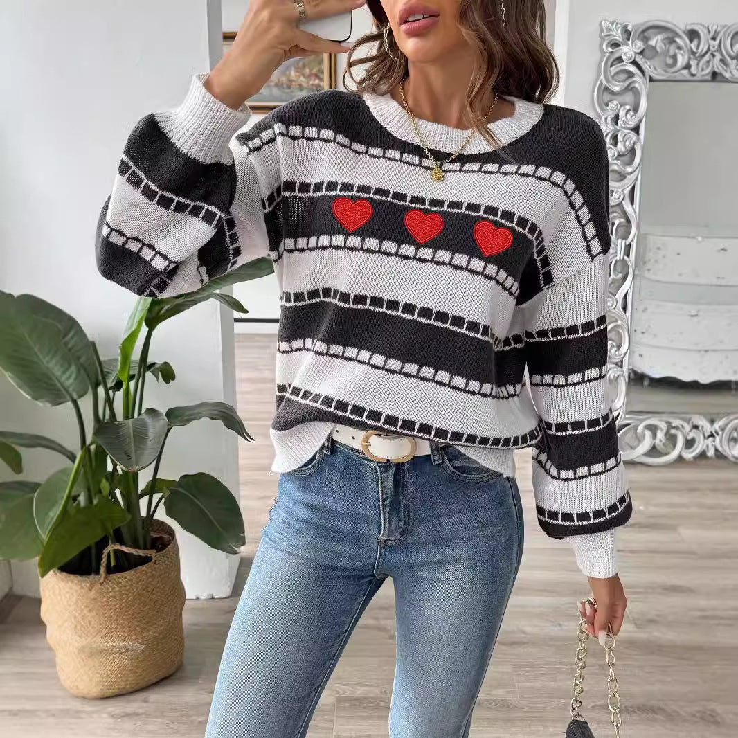 Women's Sweater Bottoming Shirt Color Contrast Patchwork Stripes