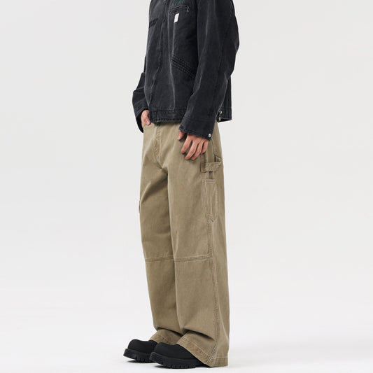 Washed Distressed Stitching Overalls Loose Straight Casual