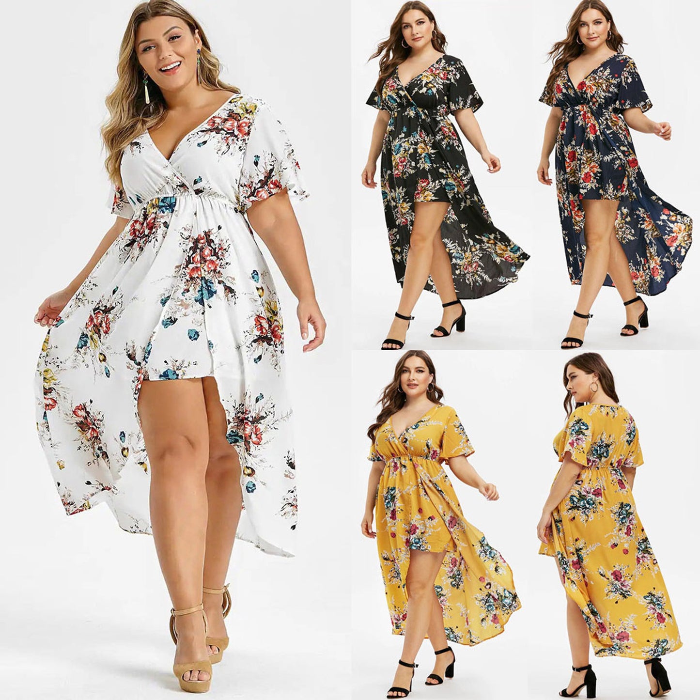 New Women's Loose Slimming V-neckline Flower Print Plus Size Dress