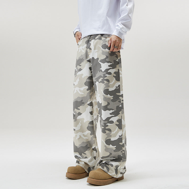 American Retro High Street Gray White Camouflage Pants