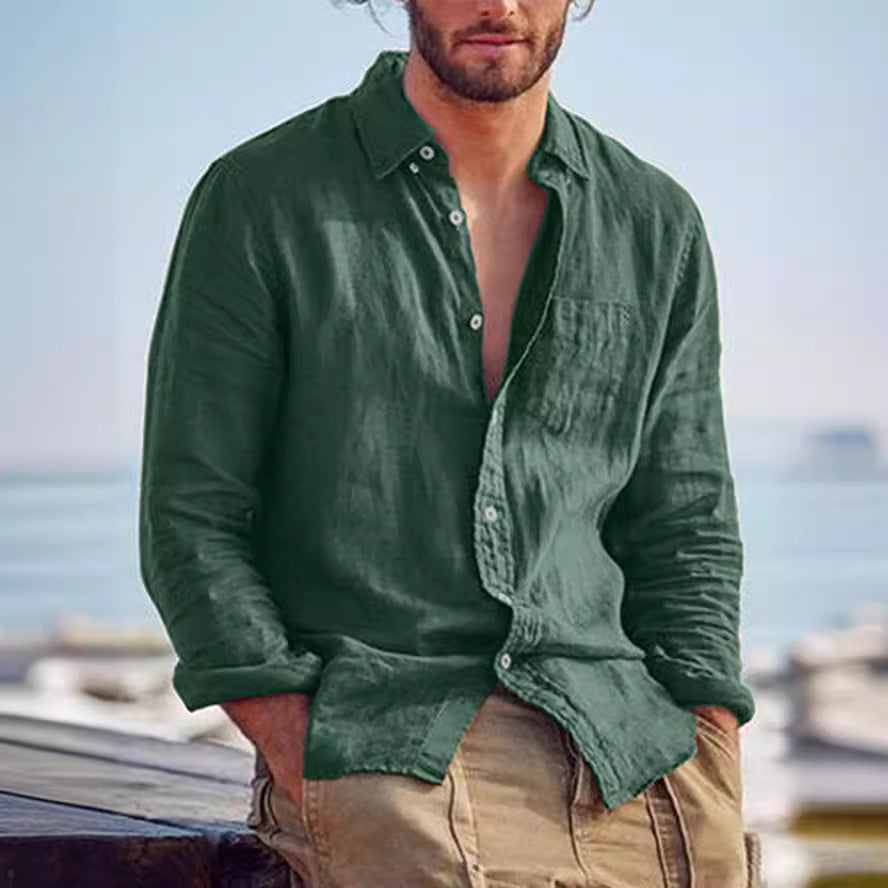 Summer Stand Collar Cotton And Linen Casual Solid Color Shirt