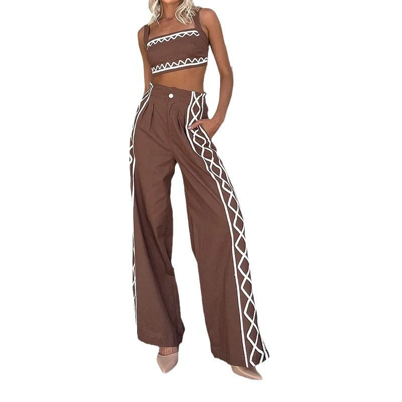 Women's Sexy Crop-top Spaghetti-strap Trousers Two-piece Suit