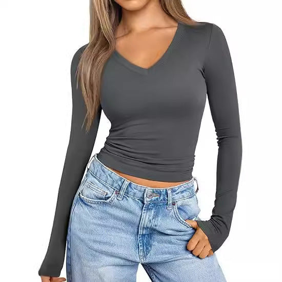 Long Sleeve Tops V-neck Slim Women's T-shirt
