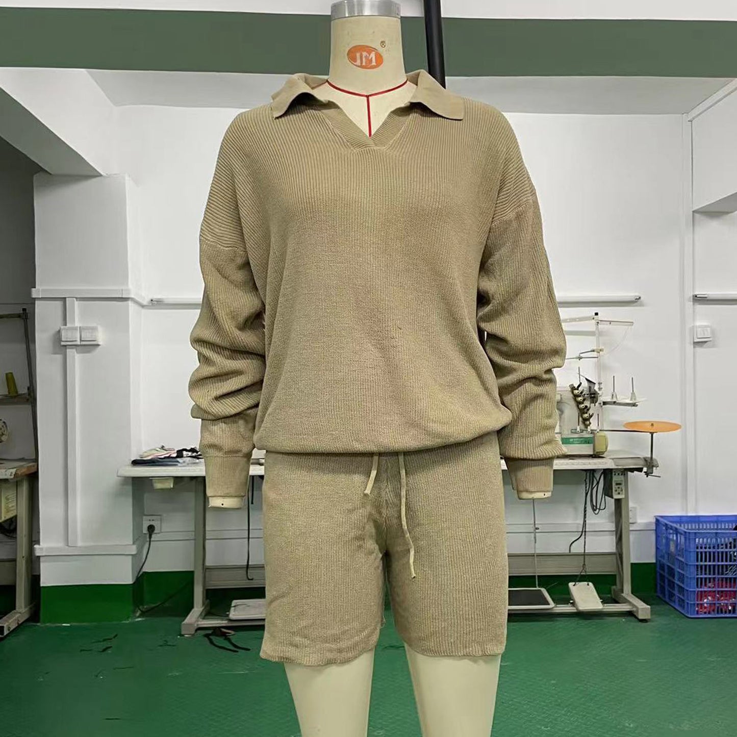 V-neck Long Sleeve Top Drawstring Wide Leg Shorts Casual Two-piece Sweater
