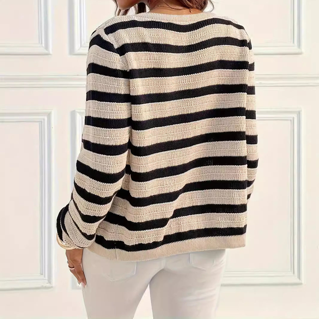 Lazy And Versatile Sweater Striped Knitted Button Round Neck Cardigan Casual Outerwear