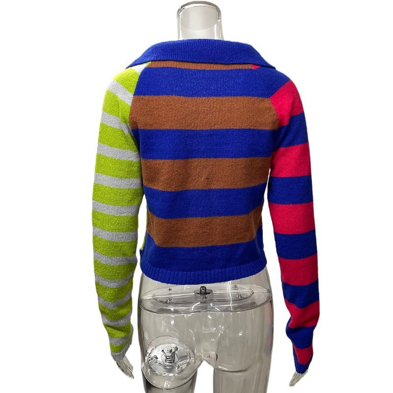 Lapel Knitwear Women's Contrast Color Striped Short Style