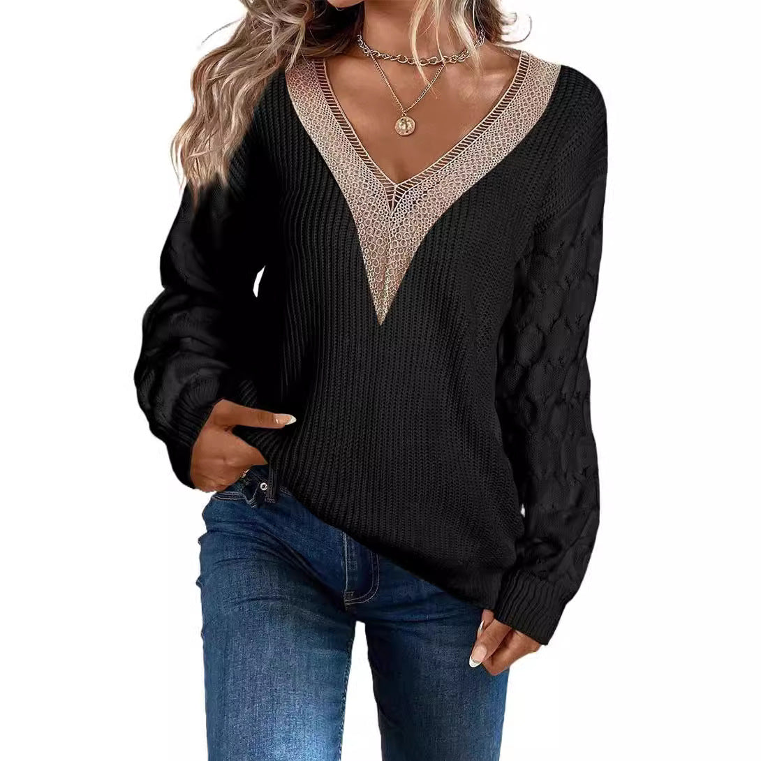 Sexy Lace V-neck Knitted Drop-shoulder Pullover Sweater Top