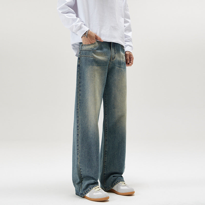 Washed Blue Pleated Jeans Men's Loose