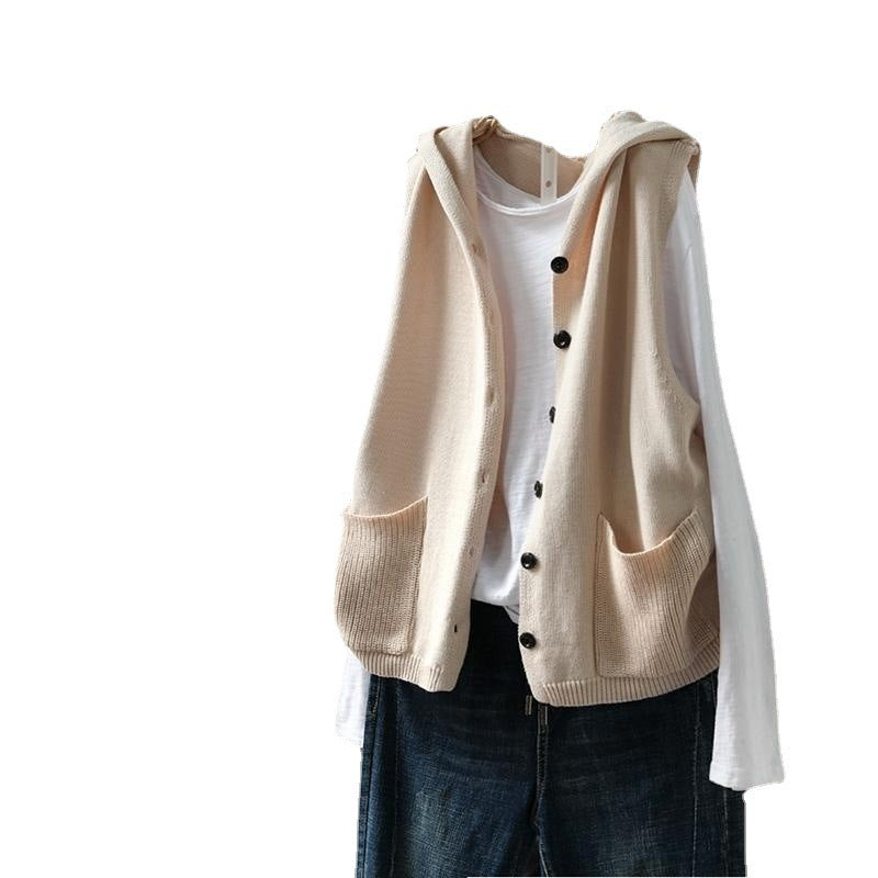 Hooded Knitted Vest Female Artistic Relaxed-fit Casual