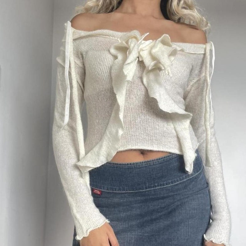 Sweet And Spicy Style Knitted Off-shoulder Long Sleeve Top