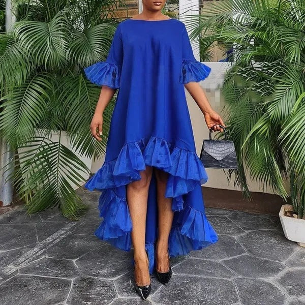 European And American Style Women 3-point Sleeve Irregular Hem Holiday Party Dress Lace Stitching Dress