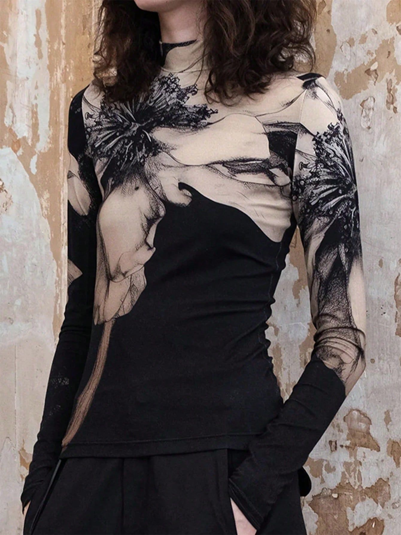 Women's Turtleneck Long Sleeve Digital Printed T-shirt