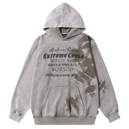 Distressed Tie-dyed Letter Printed Men's Loose Street Pullover Long Sleeve Sports Hoodie