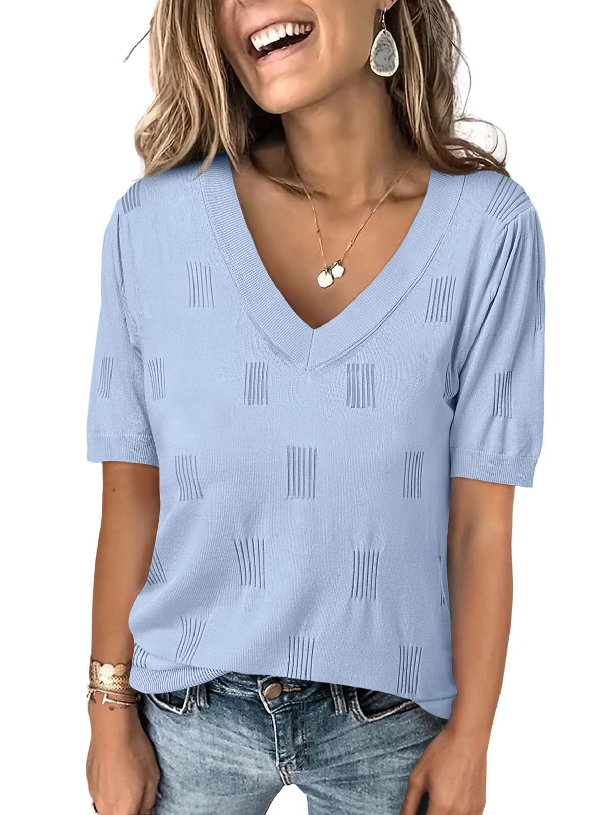 V-neck Lightweight Thin Knit Sweater With Short Sleeves