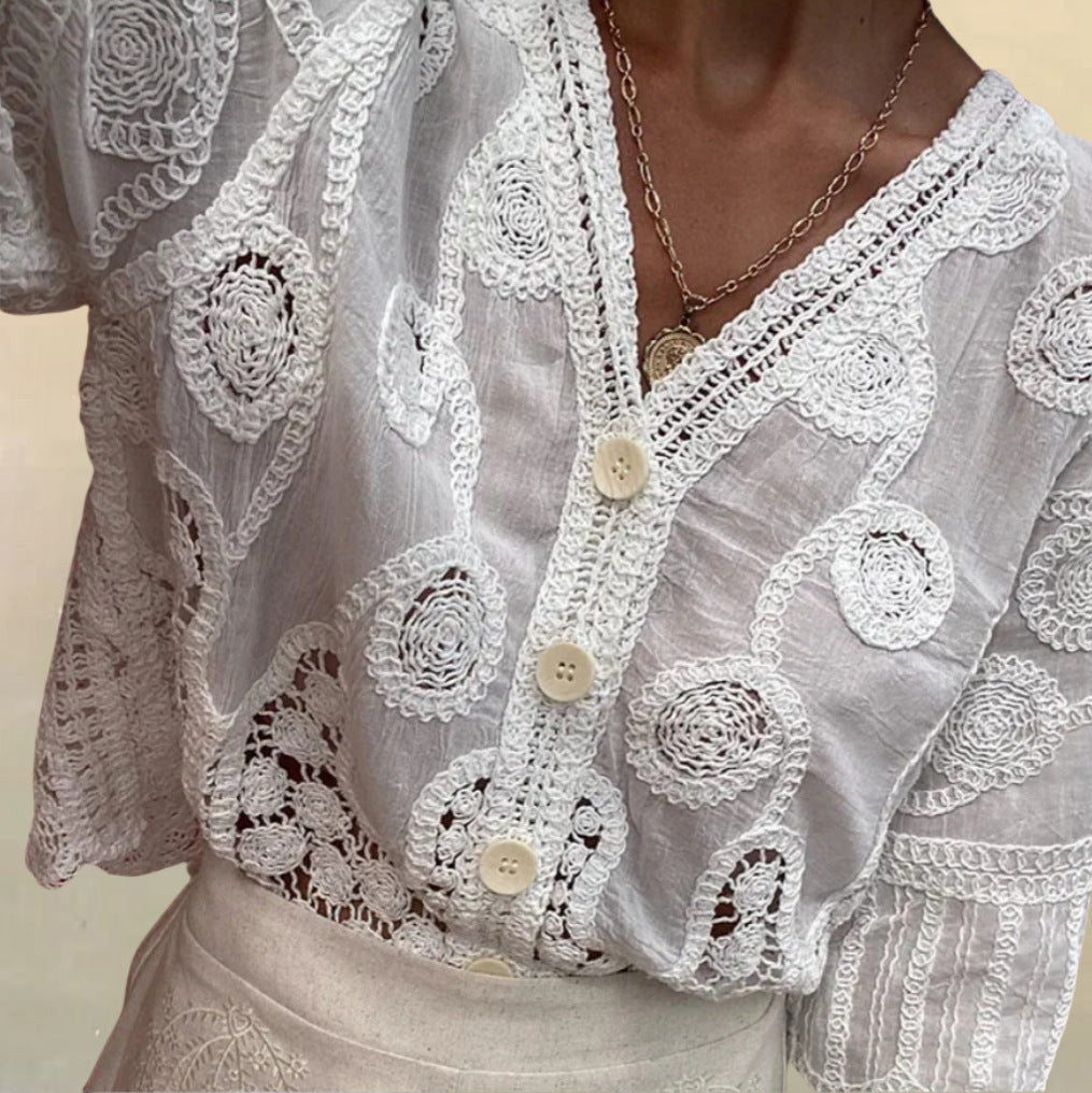 Fashion Sweet V-neck Single Breasted Loose T-shirt