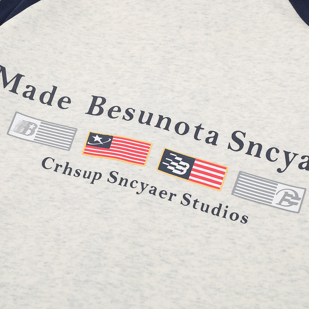Patchwork Contrast Color Raglan Hooded Sweater Street Fashion American Retro Men