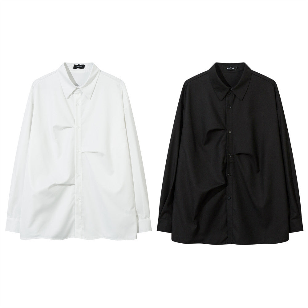 Irregular Pleated Long-sleeved Shirt For Men, Handsome And Loose