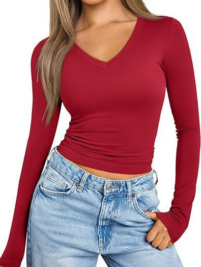Long Sleeve Tops V-neck Slim Women's T-shirt