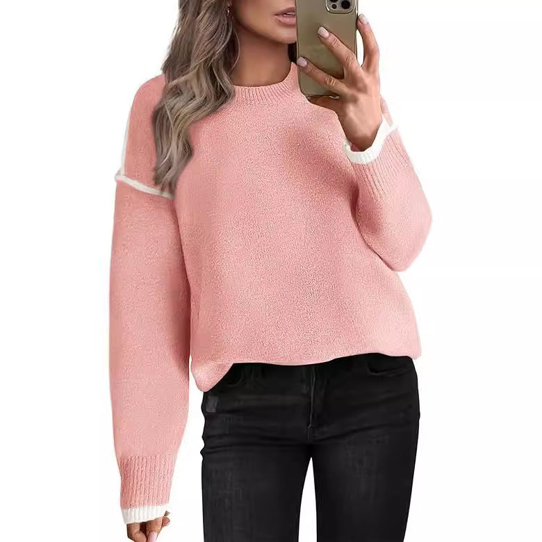 Women's Knitted Sweater With Round Neck Multicolor Cuffs