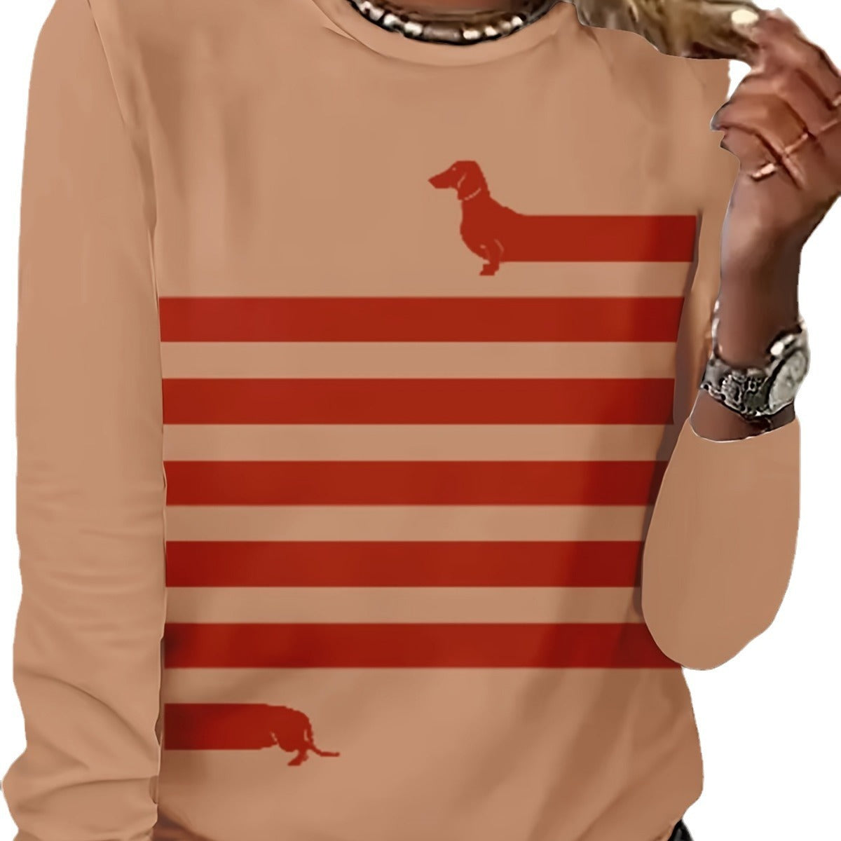 Dog And Striped Printed Round Neck T-shirt Spring And Autumn Casual Long Sleeve Top Women's Clothing