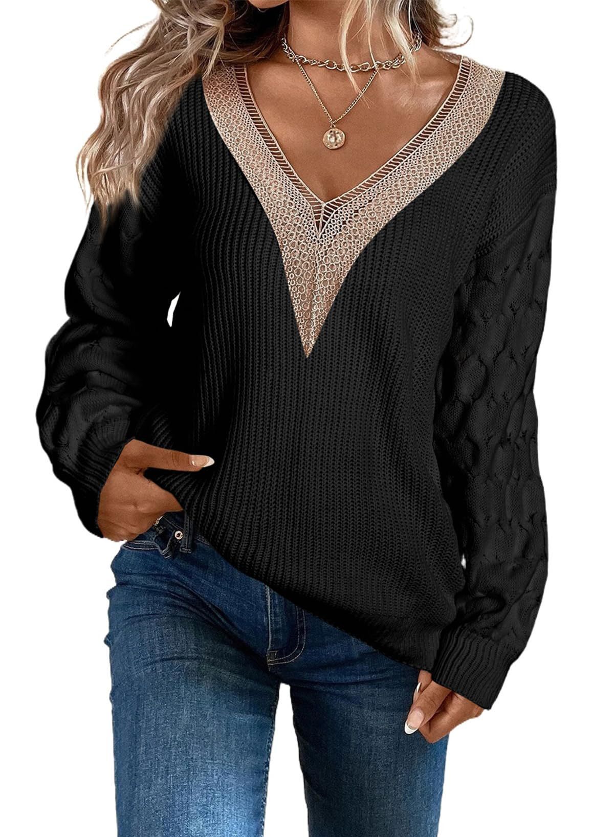 Sexy Lace V-neck Knitted Drop-shoulder Pullover Sweater Top