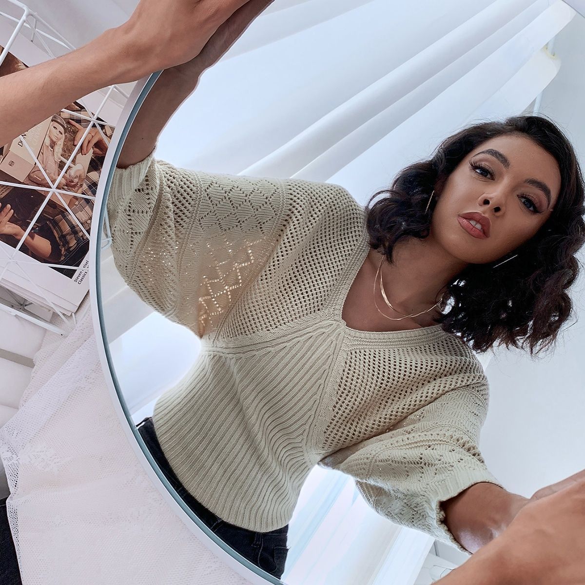 Hollow Pullover Long Sleeve V-neck Sweater For Women